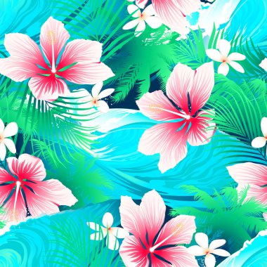 Tropical white hibiscus flowers with green leaves seamless patte clipart