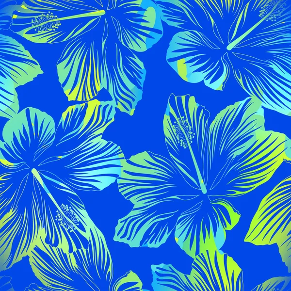 Tropical flowers blue seamless pattern with watercolour effect — Stock Vector