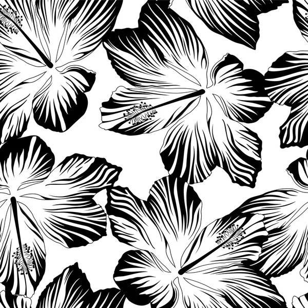 Tropik çiçekler seamless modeli siyah beyaz — Stok Vektör