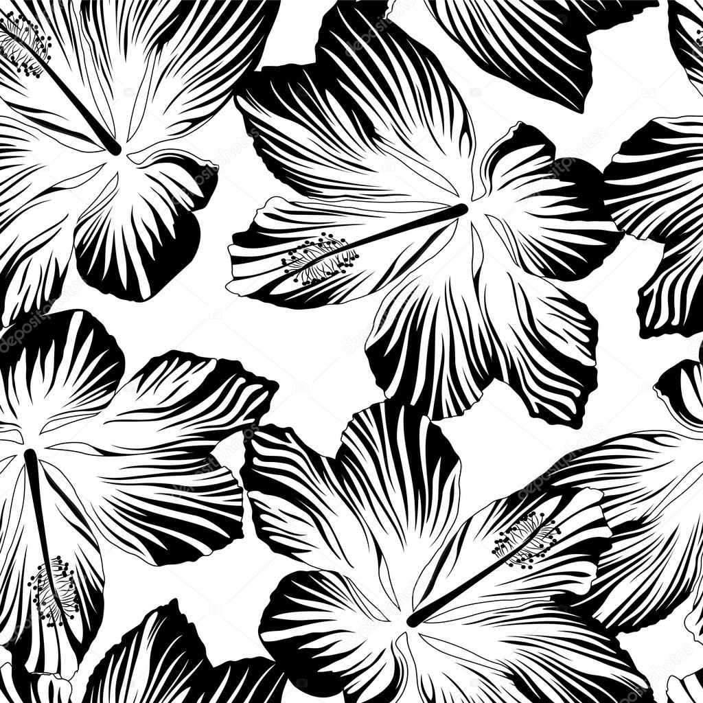 Tropical flowers seamless pattern in black and white