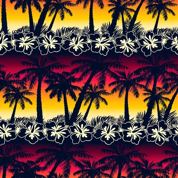 Palmera tropical al atardecer con flores de hibisco sin costuras — Vector de stock