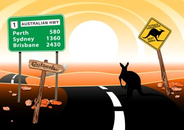 Kangaroo standing on road in the Australian outback clipart