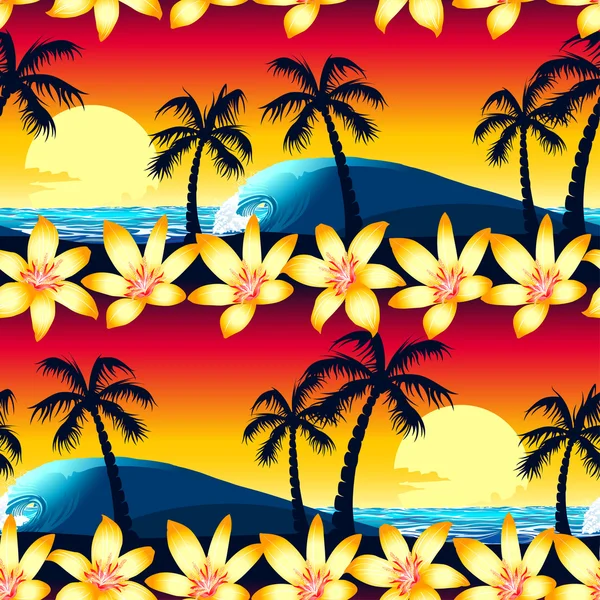 Tropical hibiscus and palm tree at sunset seamless pattern — Stock Vector