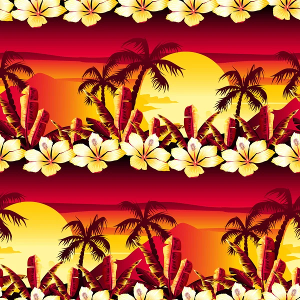 Coucher de soleil tropical doré avec motif sans couture de fleurs d'hibiscus — Image vectorielle