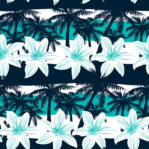 Frangipani tropical avec des paumes et des rayures motif sans couture — Image vectorielle