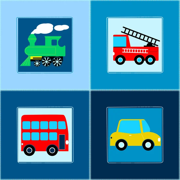 Mignon Train Bus Voiture et camion de pompiers enfants modèle sans couture — Image vectorielle