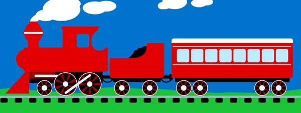 Cute simple red steam train on rail tracks — Stock Vector