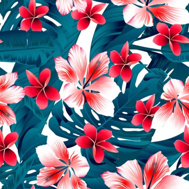 Red and white tropical hibiscus flowers seamless pattern clipart