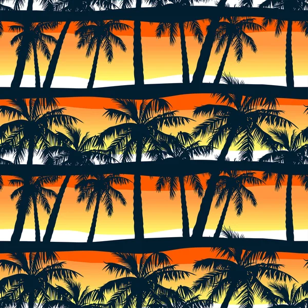 Tropical palms trees at sunset in a seamless pattern — Stock Vector