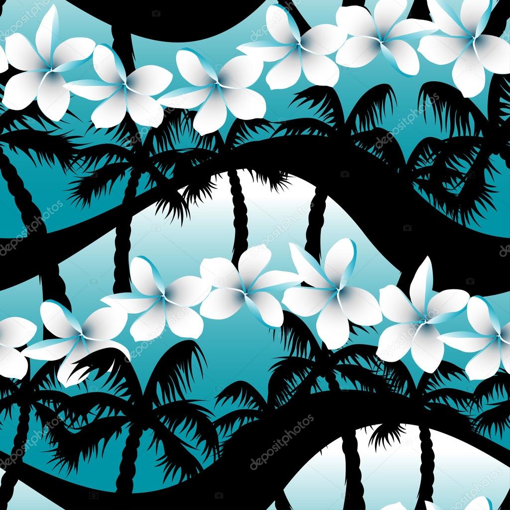 Blue tropical frangipani flowers with palm tree seamless pattern