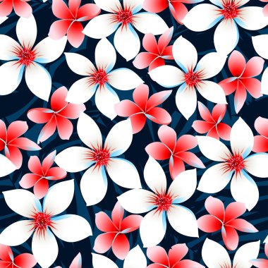 Seamless modeli kırmızı beyaz ve mavi tropik çiçekler