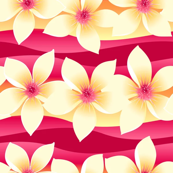 Yellow and pink tropical floral seamless pattern on wave backgro — Stock Vector