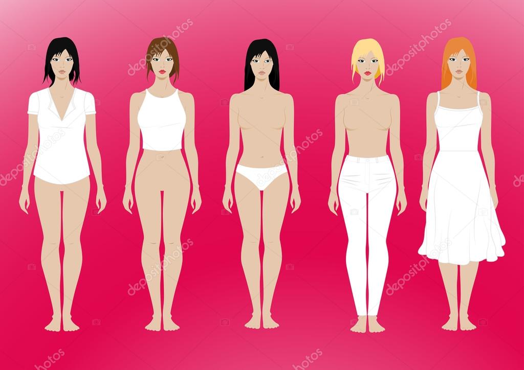 5 females standing template with removable clothing
