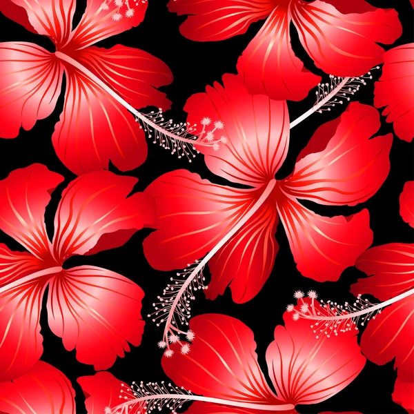 Vermelho flores de hibisco tropical com fundo preto sem costura pat — Vetor de Stock