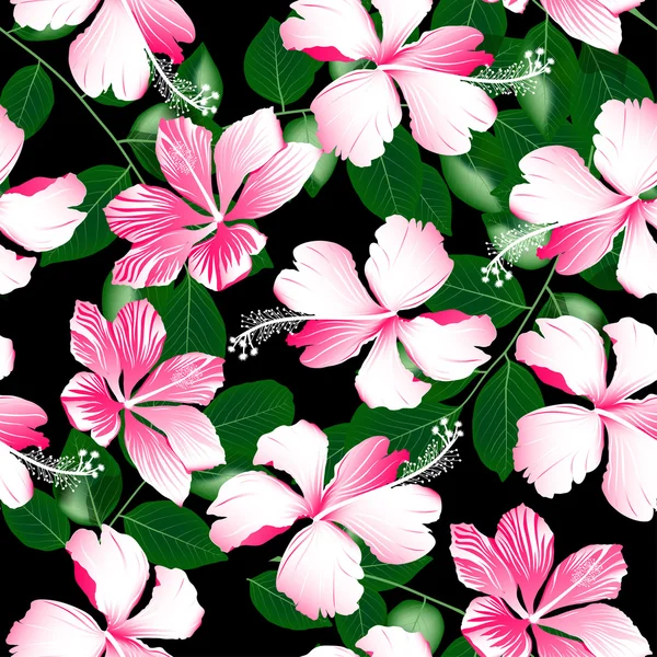 Variegated pink tropical hibiscus flowers seamless pattern — Stock Vector