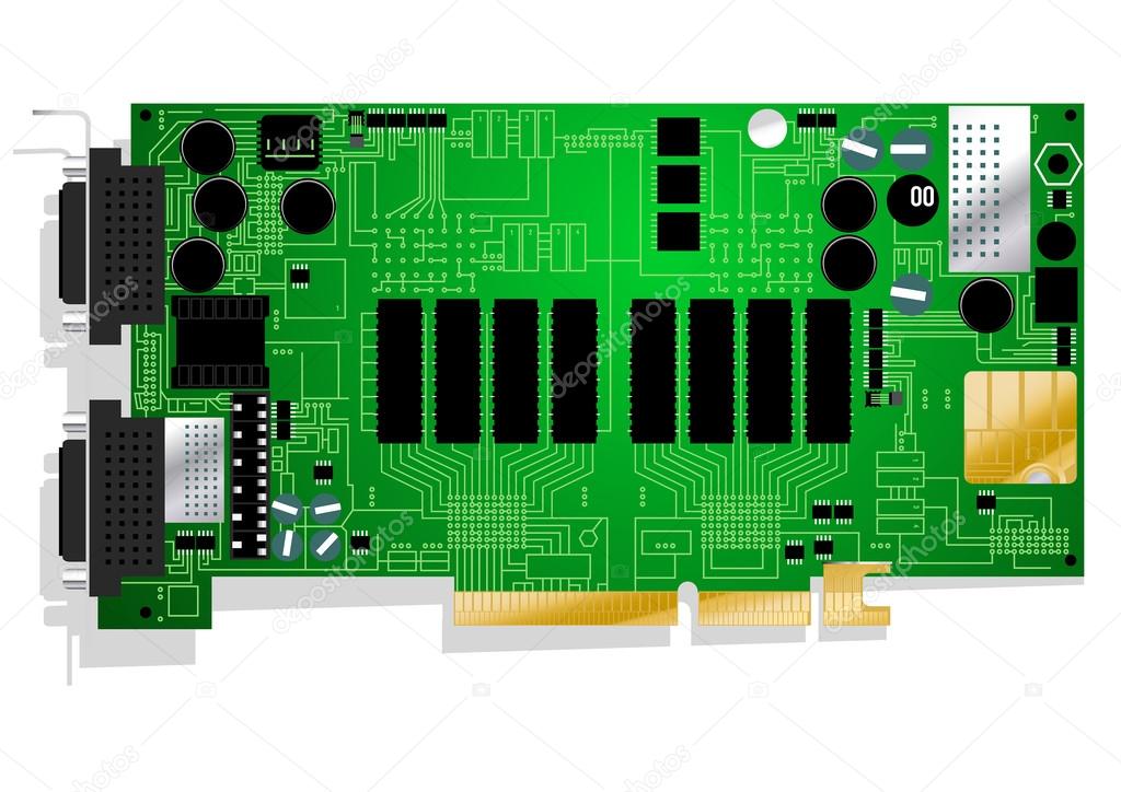 Green graphics card circuit board illustration on white backgrou