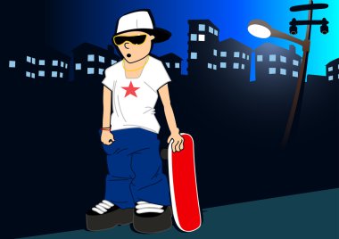Urban skater with skateboard under street light clipart