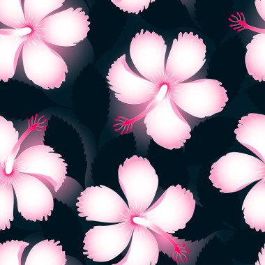 Pembe ve beyaz tropik çiçekler karanlık yaprakları seamless modeli üzerinde