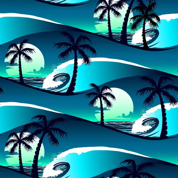 Tropical hibiscus and palm trees at sunset seamless pattern — Stock Vector