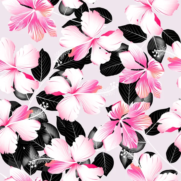 Flores tropicales de hibisco con hojas negras patrón sin costuras — Archivo Imágenes Vectoriales