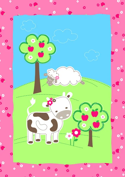 Cute farm animals on a hill embroidery — Stock Vector