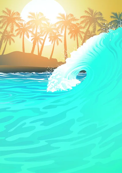 Ola de surf en la playa al amanecer — Vector de stock