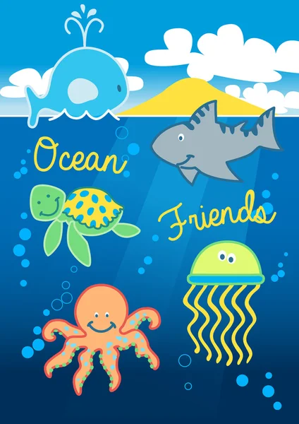 Ocean friends swimming under the sea with island — Stock Vector