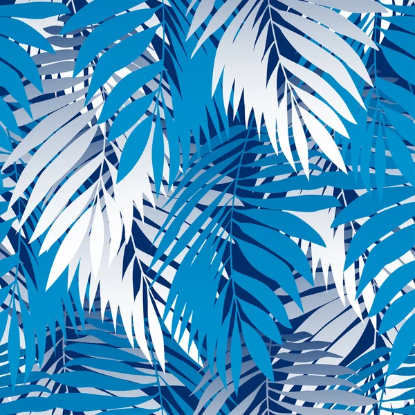 Blue palm leaves in a seamless pattern — Stock Vector