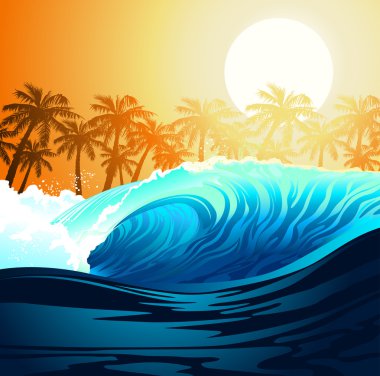 Tropikal sörf dalgası, gündoğumu palmiye ağaçları ile
