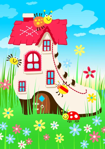 Schoen huis met bugs en bloemen — Stockvector