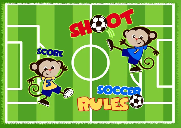 Soccer monkeys playing on a green sports field — Stock Vector