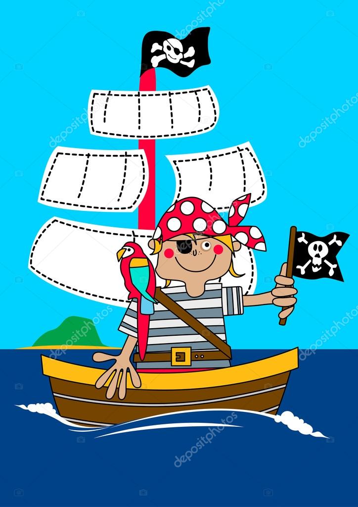 Pirate boy sailing on ship with parrot