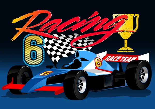 Open wiel blauwe racewagen met trophy en vlag — Stockvector