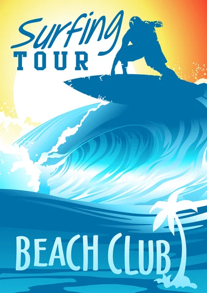 Surfing Tour Beach Club con surfista en ola — Archivo Imágenes Vectoriales