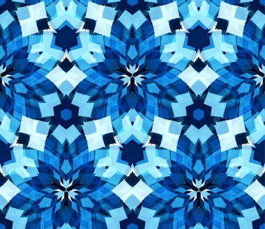 Mavi kaleydoskop seamless modeli. Soyut öğeler beyaz arka plan üzerinde bulunan renk Dikişsiz desen oluşur.