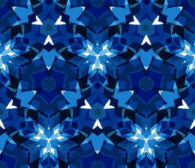 Mavi kaleydoskop seamless modeli. Soyut öğeler beyaz arka plan üzerinde bulunan renk Dikişsiz desen oluşur.
