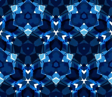 Mavi kaleydoskop seamless modeli. Soyut öğeler beyaz arka plan üzerinde bulunan renk Dikişsiz desen oluşur.