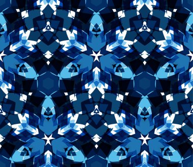 Mavi kaleydoskop seamless modeli. Soyut öğeler beyaz arka plan üzerinde bulunan renk Dikişsiz desen oluşur.