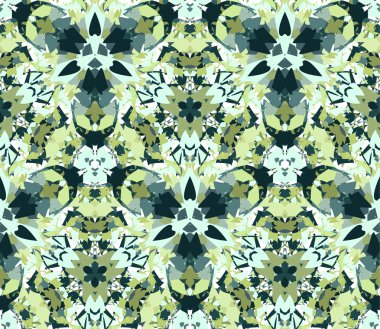 Kaleydoskop yeşil dikişsiz desen. Beyaz arka planda bulunan renk soyut öğelerden oluşan dikişsiz desen.