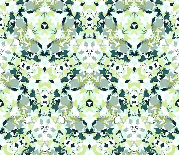 Kaleidoskop sömlösa mönster i grönt. Sömlöst mönster bestående av färg abstrakta element som finns på vit bakgrund. — Stock vektor