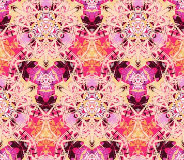 Seamless pattern composed of color abstract elements located on bright magenta background