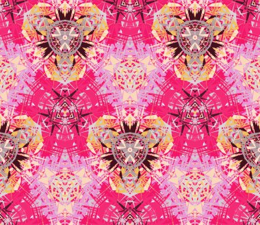 Seamless pattern composed of color abstract elements located on bright magenta background