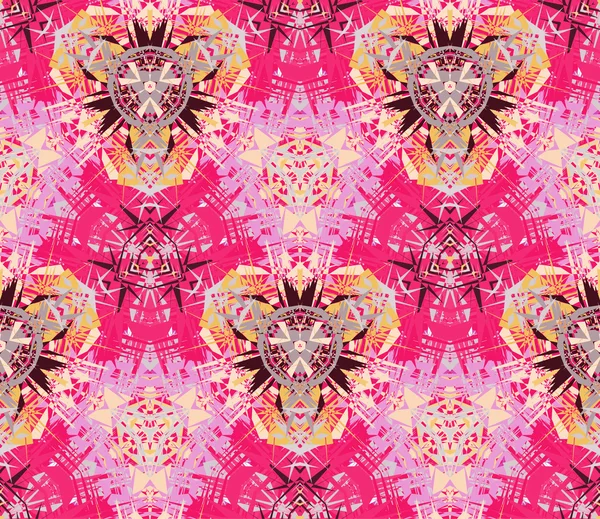 Seamless pattern composed of color abstract elements located on bright magenta background — 图库矢量图片