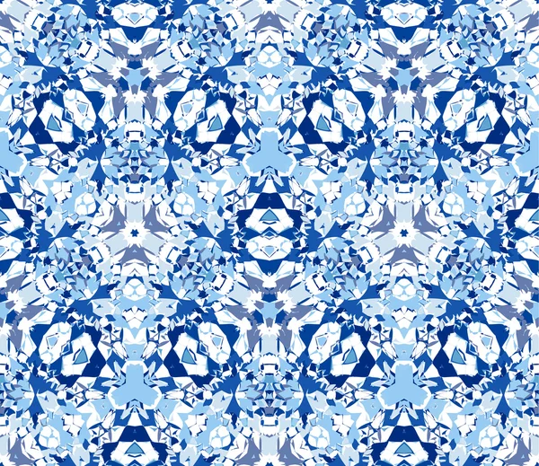 Fondo caleidoscopio azul. Patrón inconsútil compuesto por elementos abstractos de color ubicados sobre fondo blanco . — Vector de stock