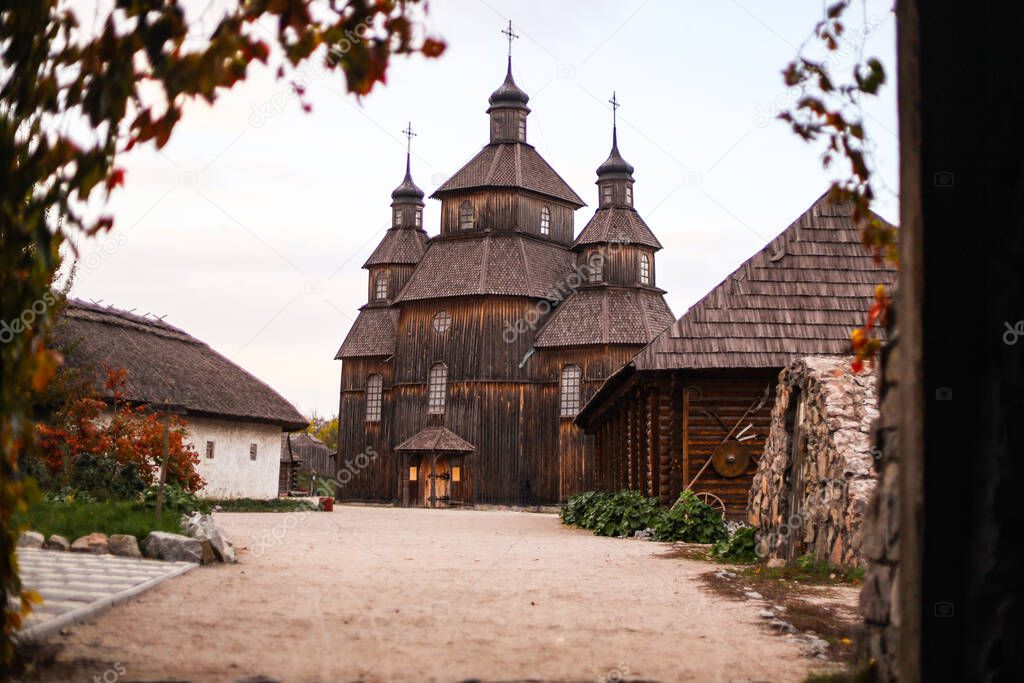The church is wooden. Zaporizhzhya Sich,  The Museum of Ukrainian Cossacks presented historical and cultural complex 