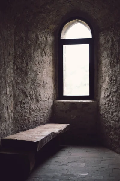 A bench near window in Khotyn fortress of the X XVIII centuries with a fortification complex, One of the seven wonders of Ukraine located on the right bank of the river. Dniester