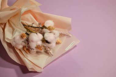 Menekşe arkaplan üzerine yumuşak, açık pembe bir buket düğün seremonisi malzemeleri, çelenk günü, dekorasyon kumaşı. Metin için boş alanı kopyala, taç yaprağı uzun zımba, pamuk baş kurutulmuş çiçek buketi