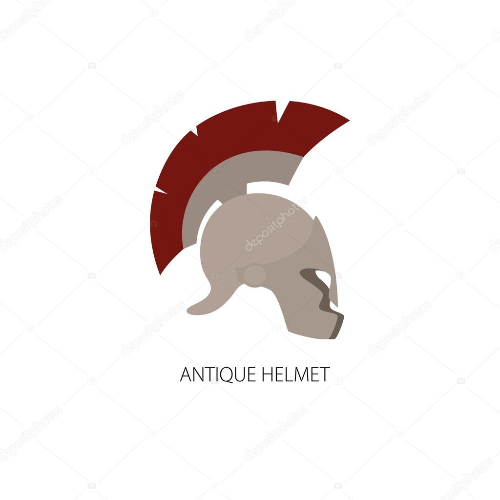 Antiques Roman or Greek Helmet Isolated on White, Helmet with a Red Crest of Feathers or Horsehair with Slits for the Eyes and Mouth, Vector Illustration
