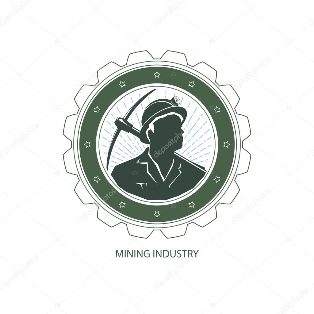 Mining Industry, Logo Design Element, Miner Holding a Pickax on a Background of the Sunburst, Label and Badge Mine Shaft, , Vector Illustration