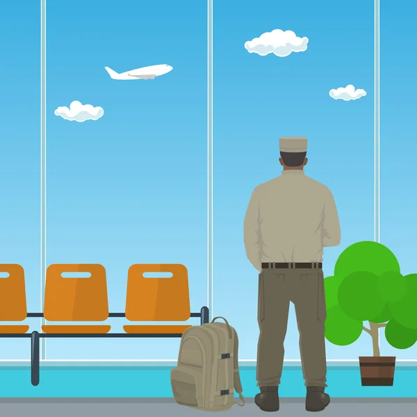 Aeropuerto, Sala de espera con hombre de uniforme — Vector de stock